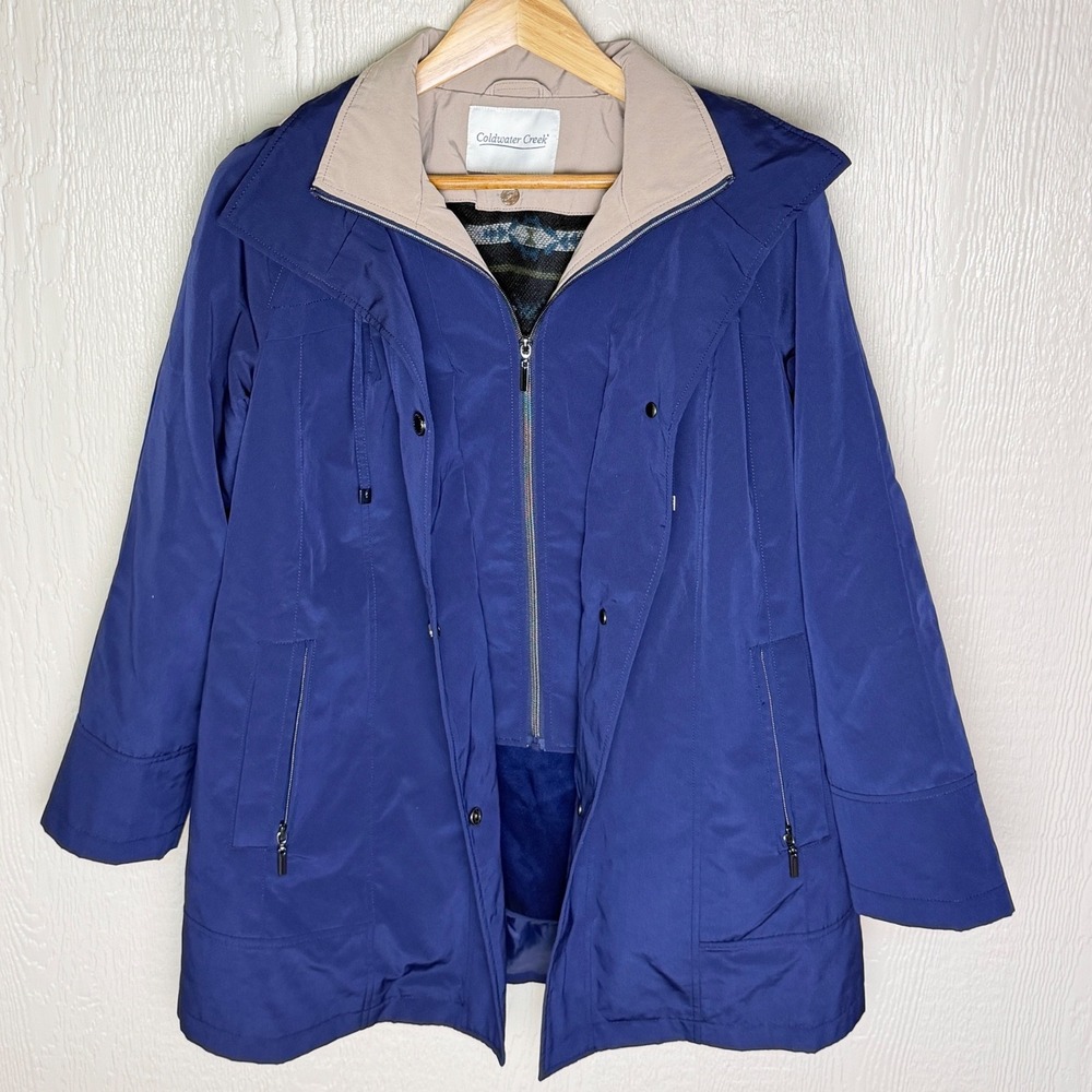 Coldwater Creek Womens Royal Blue Hooded Parka Jacket Patterned Liner Size S